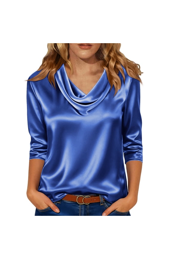 Women Silk Satin Tops Classy Cap 3/4 Sleeve Tops Crew Neck Shirt Loose Casual Work Office Outfits Blue M
