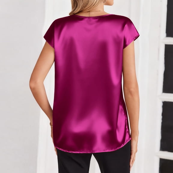 Fgvctg Women Silk Satin Tops Classy Cap Short Sleeve Tops V Neck Shirt Dressy Casual Work Office Blouses Hot Pink M