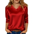 thumbnail image 1 of Fgvctg Women Silk Satin Tops Elegant Pure Color Long Sleeve Top V Neck Shirt Dressy Casual Business Work Clothes Red 2XL, 1 of 5
