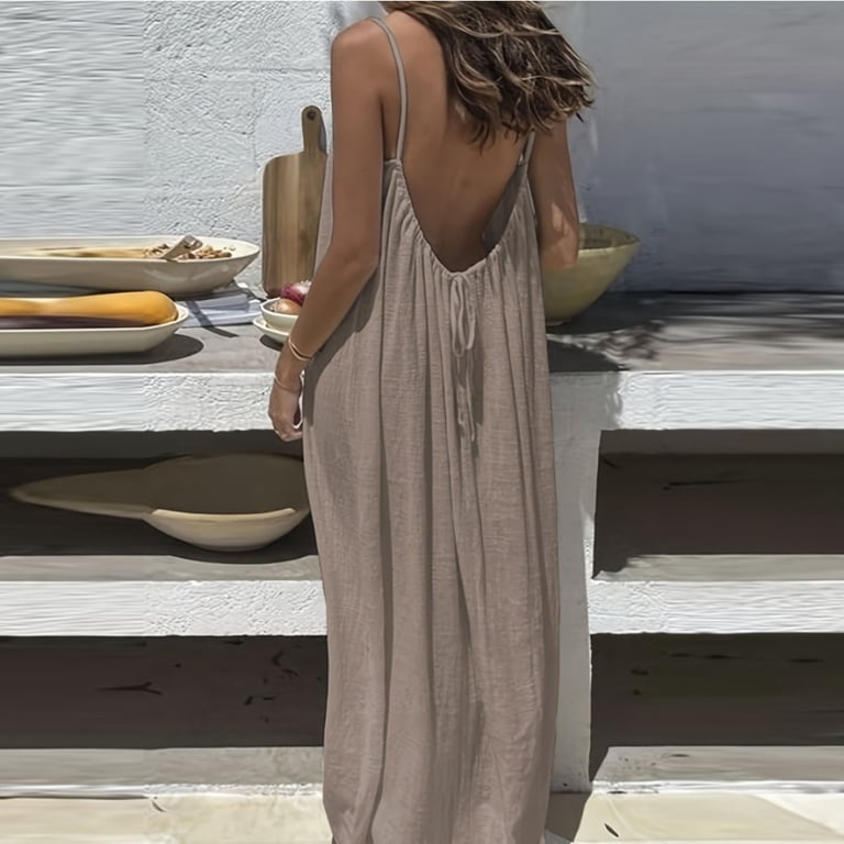 long lounge dresses for women Royal Blue Cotton Poplin A-Line Deep Neck Maxi Tier Dress 44" / Custom Height (Free)