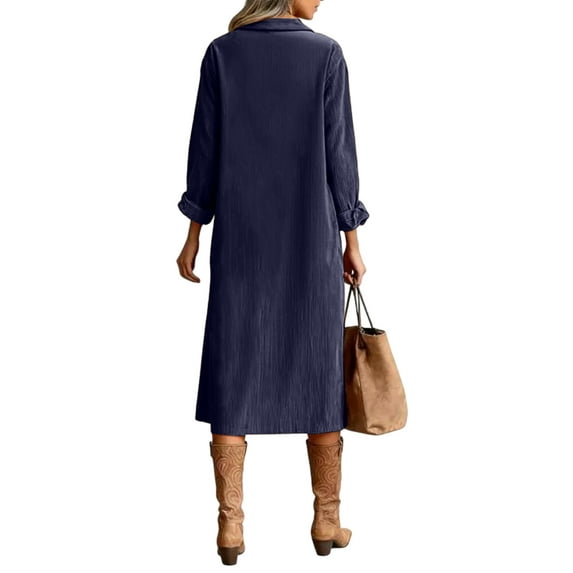 Fgvctg Women's Corduroy Midi Dress Button Down Long Sleeve Shirt Dresses Dressy Vintage Tunic Work Dress Fall Winter Oversized Lapel Midi Dress with Pockets Navy XL