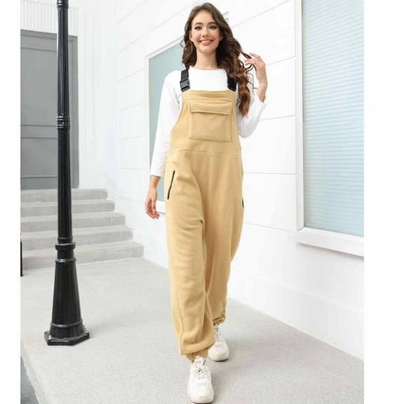 Fgvctg Women's Jumpsuit Baggy Trendy Overall Fuzzy Sleeveless Adjustable Straps Jumpsuit Romper Sherpa Bib Overalls Loose Fall Winter Pant With Pockets Beige L