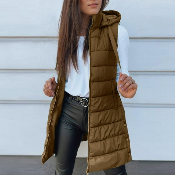 Fgvctg Women's Long Puffer Vest Solid Quilted Sleeveless Puffer Vests Warm Long Coat Puffy Zip Up Hooded Outerwear Jackets Oversized Outfit with Pockets Khaki S