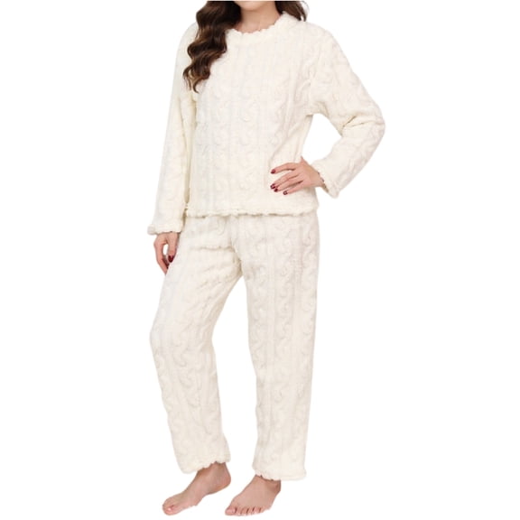 Fgvctg Women's Pajama Sets Flannel Warm Sleepwear Pajama Set 2 Piece Knit Ribbed Lounges Clothes Comfy Long Sleeve Pullover Pj White S