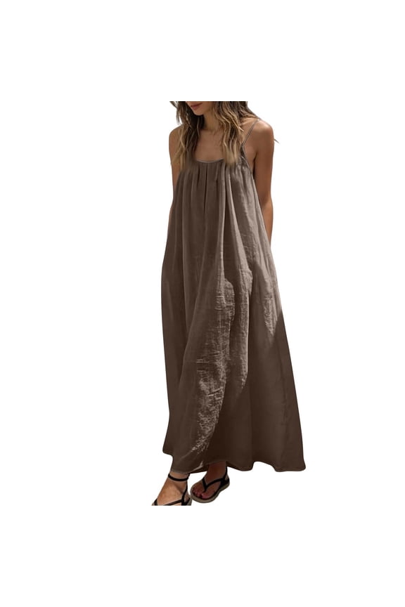Women's Solid Color Backless Cami Dress Sleeveless Maxi Dress Casual Spaghetti Beach Long Dresses Plus Size Summer Long Sundress with Back Tie Fashion Clothes Brown 5XL