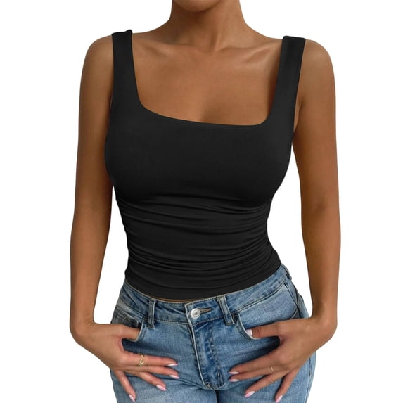 Fgvctg Women's Tank Top Shapewear Tummy Control Tank Tops Slim Fit U Neck Body Shaper Cami Sleeveless Seamless Compression Bra Stretchy Plus Size Workout Camisole Top Black M