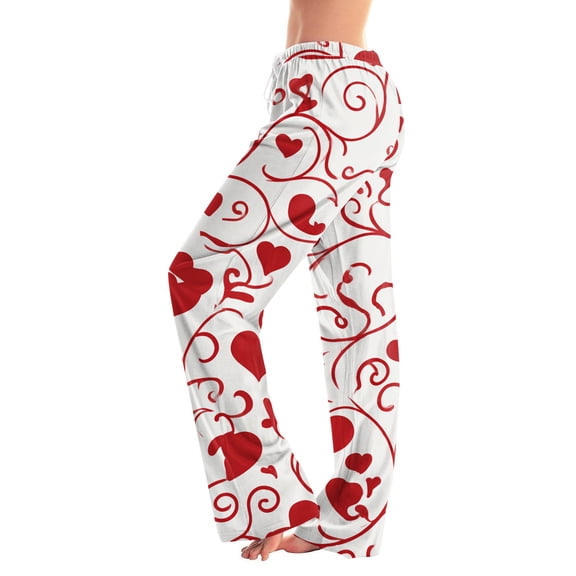 Fgvctg Women's Valentine's Day Pajamas Lightweight Wide Leg Sleepwear Pajamas Pant Fashion Heart Print High Waisted Pjs Spring Fall Drawstring Lounge Pants with Pockets White S