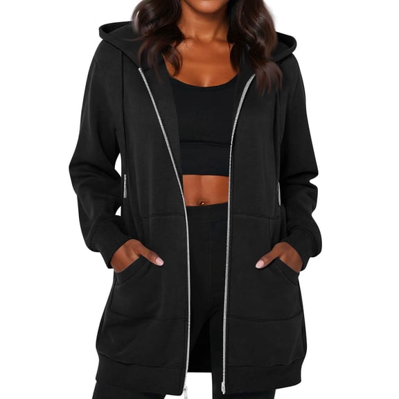 Fgvctg Women's Zip Up Hoodies Long Sleeve Black Hoodie Long Tunic Fleece Sweatshirts Winter Drawstring Casual Jacket Loose Coat with Pockets Black L