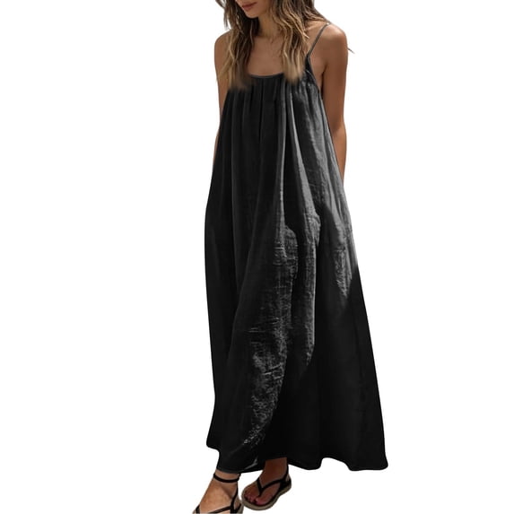Fgvctg Womens Backless Cami Dress Flowy Solid Color Spaghetti Cami Dresses Oversized Sleeveless Beach Long Dresses Summer Long Sundress with Back Tie Fashion Outfits Black 2XL