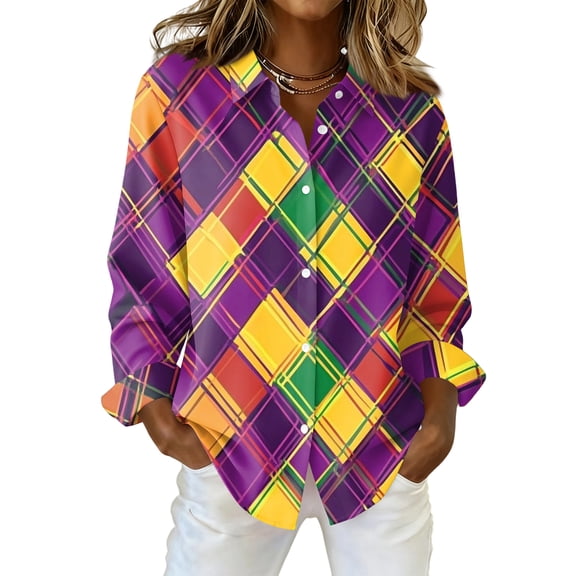 Fgvctg Womens Button Down Shirt Mardi Gras Carnival Party Long Sleeve Cotton Shirt Collared Dressy Blouse Mask Print Plus Size Business Casual Tops Green XL