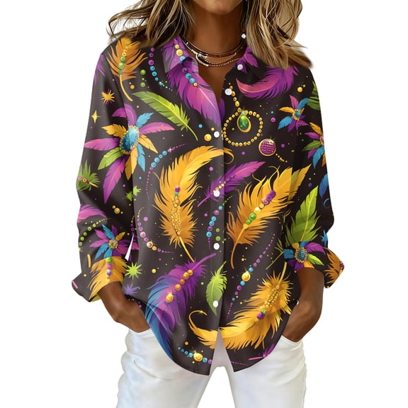 Fgvctg Womens Button Down Shirt Mardi Gras V Neck Carnival Party Long Sleeve Shirts Classic Collared Blouses Mask Print Plus Size Business Casual Tops Yellow XL