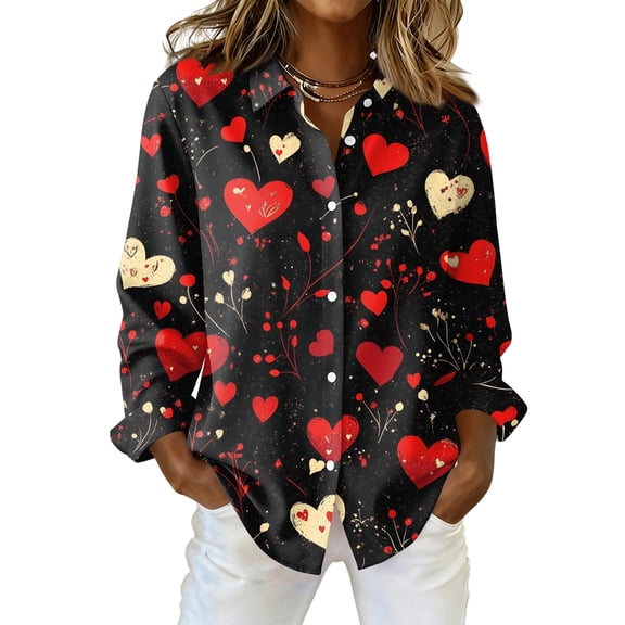 Fgvctg Womens Button Down Shirt Valentine's Day Long Sleeve V Neck Blouse Soft Date Day Love Heart Print Shirts Plus Size Collared Business Casual Tops Vermilion S