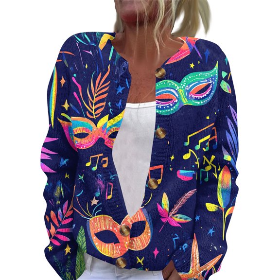 Fgvctg Womens Cardigan Sweaters Casual Long Sleeve Cardigans Mardi Gras Oversized Coats Mask Graphic Sweaters Button Down Carnival Party Open Front Sweater Lucky Clothes Blue 3XL