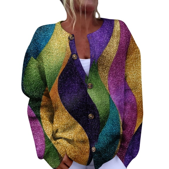 Fgvctg Womens Cardigan Sweaters Mardi Gras Mask Print Sweater Long Sleeve Casual Coat Carnival Party Open Front Button Down Cardigan Pretty Clothing Spring fall Sweaters Multicolor L