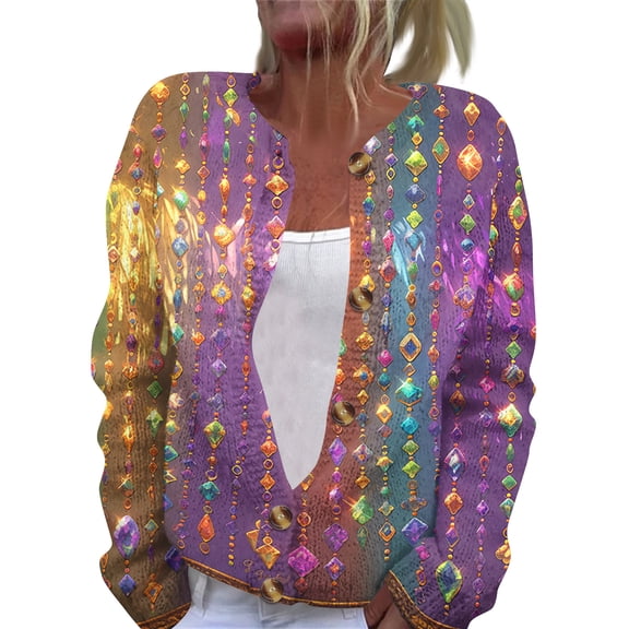 Fgvctg Womens Cardigan Sweaters Mardi Gras Mask Print Sweaters Long Sleeve Casual Coat Carnival Party Open Front Button Down Cardigans Trendy Clothing Spring fall Sweater Multicolor M