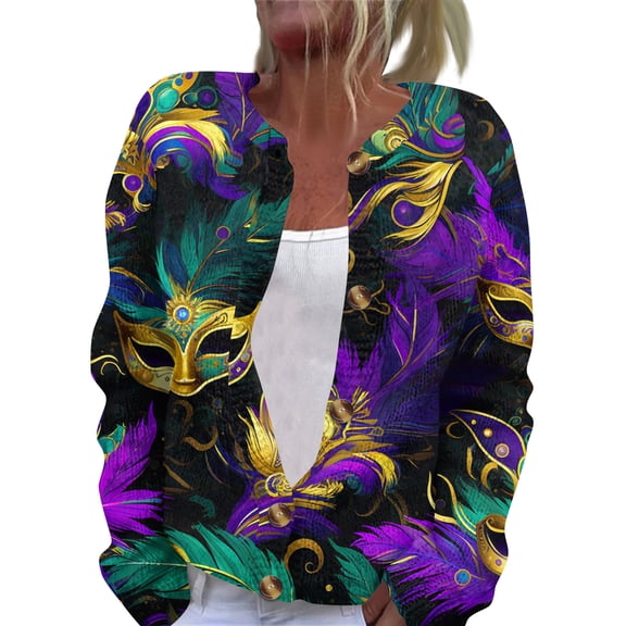 Fgvctg Womens Cardigan Sweaters Mardi Gras Mask Print Sweaters Long Sleeve Casual Coats Carnival Party Open Front Button Down Cardigan Pretty Clothes Spring fall Sweater Black 4XL