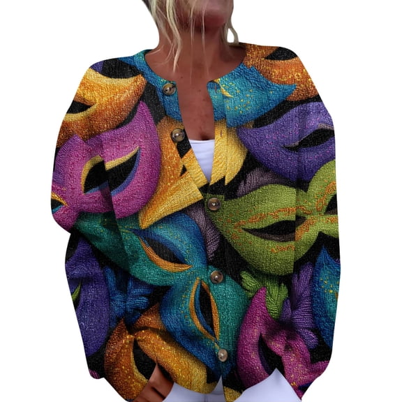 Fgvctg Womens Cardigan Sweaters Mardi Gras Mask Print Sweaters Long Sleeve Casual Coats Carnival Party Open Front Button Down Cardigans Cute Clothing Spring fall Sweater Green XL