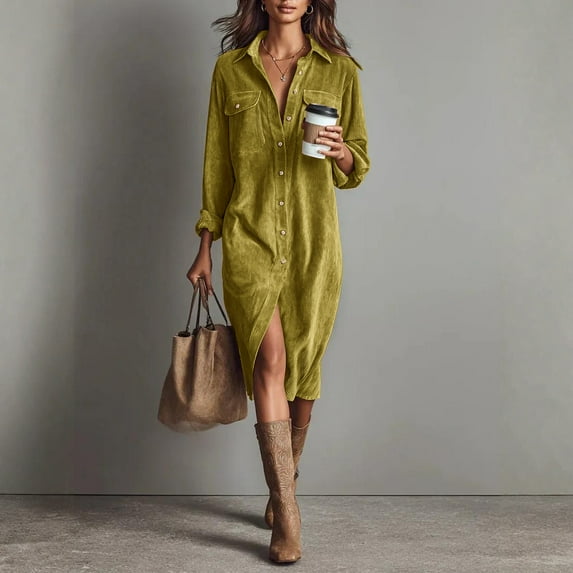 Fgvctg Womens Corduroy Dress Button Down Long Sleeve Shirt Dresses Dressy Oversized Lapel Tunic Work Dress Fall Winter Vintage Midi Dress with Pockets Yellow 2XL