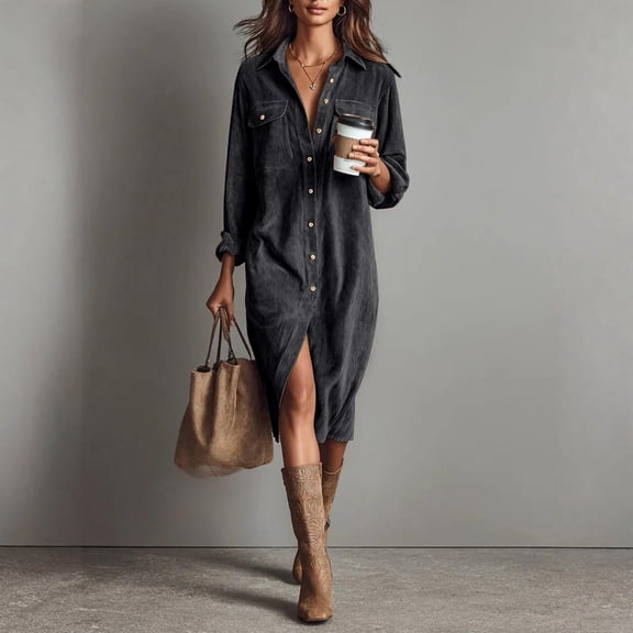 Fgvctg Womens Corduroy Dress Button Down Long Sleeve Shirt Dresses Pleated Lightweight Lapel Collared Dress Winter Vintage Midi Dress with Pockets Dark Gray M