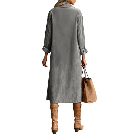 Fgvctg Womens Corduroy Dresses Button Down Long Sleeve Shirt Dresses Fashion Lightweight Lapel Tunic Dress Fall Winter Vintage Long Dress with Pockets Light Gray XL