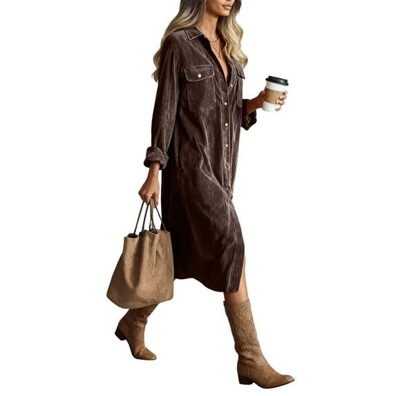 Fgvctg Womens Corduroy Dresses Long Sleeve Button Down Shirt Dresses Loose Flowy Lapel Tunic Work Dress Vintage Fall Midi Dress with Pockets Coffee S