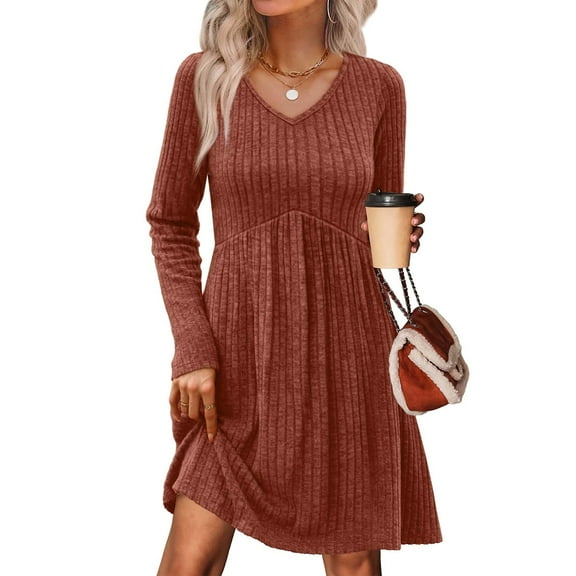 Fgvctg Womens Dresses Long Sleeve Empire Waist V Neck Fall Dresses Wedding Baby Doll Casual Ribbed Knit Dresses Winter Clothes Watermelon Red M