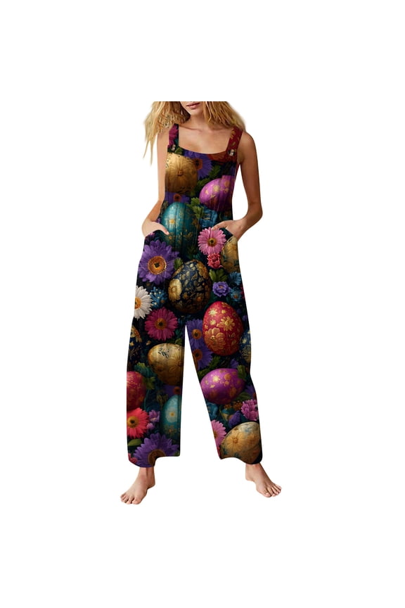 Womens Easter Jumpsuits Wide Leg Pant Easter Eggs Spaghetti Straps Holiday Bunny Print Jumpsuits Sleeveless Bib Overalls Spring Romper Clothing With Pockets Purple 2XL