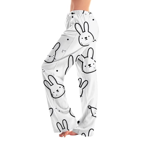 Fgvctg Womens Easter Pajamas Trendy Sleepwear Wide Leg Pajama Rabbit Print High Waisted Pj Pants Lightweight Fall Easter Eggs Spring Drawstring Lounge Pants with Pockets White L
