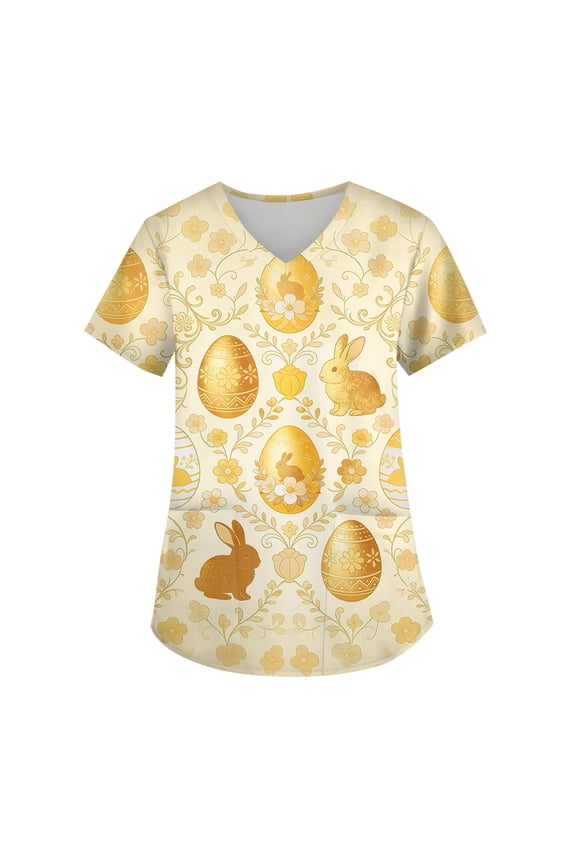Womens Easter Scrub Tops V Neck Cute Bunny Printed Scrubs Tops Holiday Workwear Short Sleeve T Shirts Oversized Scrub Work Shirt Medical Nursing Uniforms with Pocket Gold 4XL