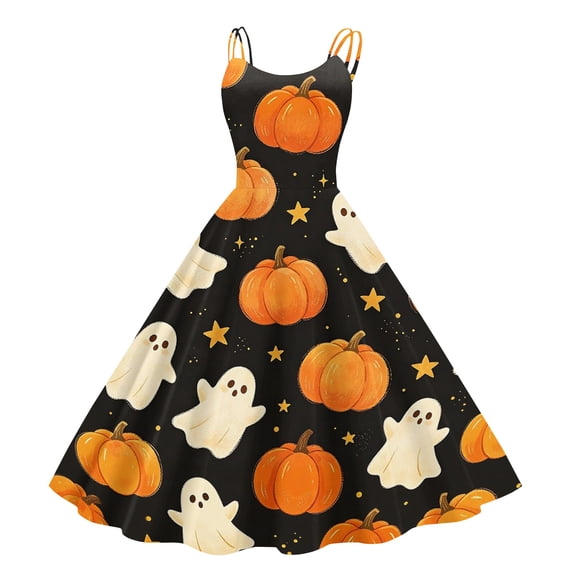 Fgvctg Womens Halloween Cocktail Dresses for Wedding Guest Crewneck Cocktail Dresses Pumpkin Ghost Witch Graphic Fashion 50's Dress Spaghetti Strap Sleeveless Oversized White Outfits White XL
