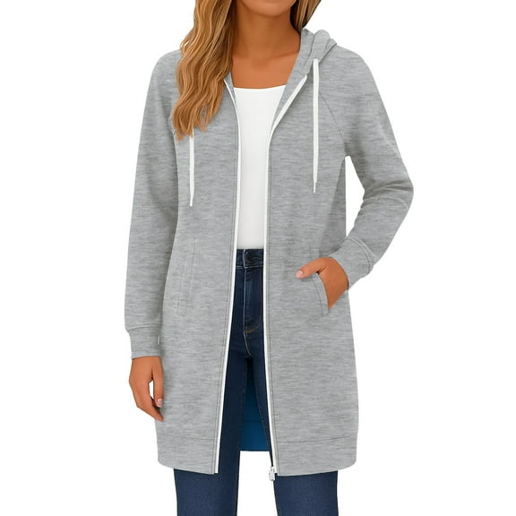 Fgvctg Zip Up Hoodie for Women Long Sleeve Long Tunic Sweatshirts Oversized Fleece Casual 2025 Fall Drawstring Jackets with Pockets Light Gray XL