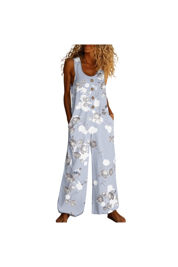 Womens Jumpsuit Sleeveless One Piece Spaghetti Straps Overall Dressy Wide Leg Pant Tropical Graphic Bib Overalls Romper Summer Beach Vacation Pants With Pockets Gray M