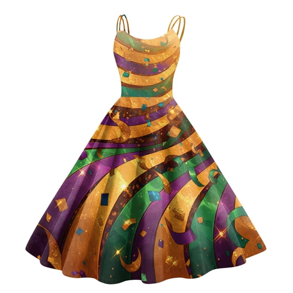 Fgvctg Womens Mardi Gras Dress Party Carnival Crewneck Cocktail Dress Glitter Mask Print Casual 1950s Tea Dress Flowy Sleeveless Oversized Parade Clothing Orange S