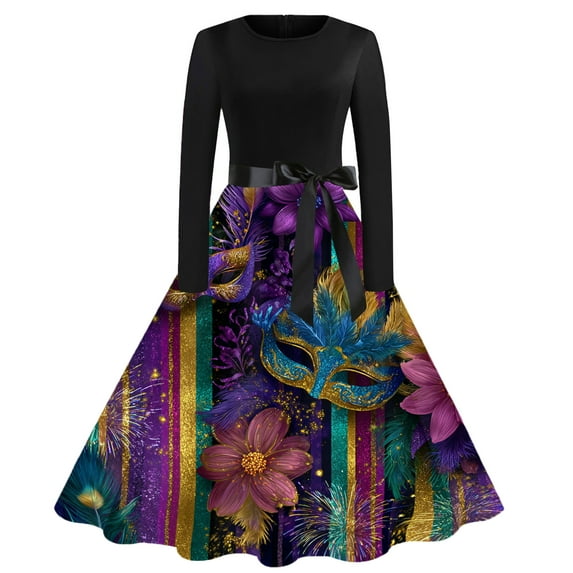 Fgvctg Womens Mardi Gras Dress Party Cocktail Cute Long Sleeve Cocktail Dresses Plus Size Retro 1950s Tea Dress Carnival Parade Glitter Mask Print Outfits Vintage Crewneck Clothes Multicolor XL