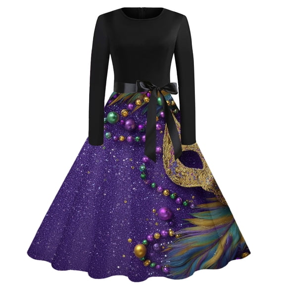 Fgvctg Womens Mardi Gras Dress Party Cocktail Glitter Mask Print Cocktail Dresses Classy Crewneck 50s Tea Dress Long Sleeve Parade Carnival Vintage Clothing Dark Purple M