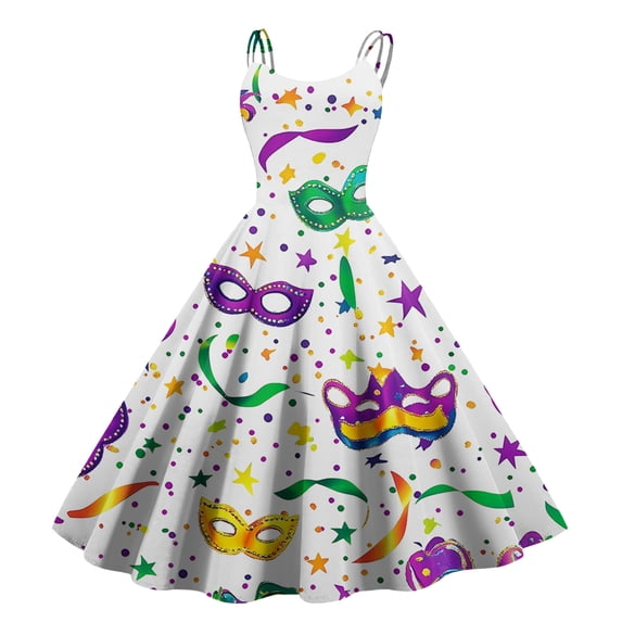 Fgvctg Womens Mardi Gras Dress Party Cocktail Glitter Mask Print Cocktail Dresses Plus Size Crewneck 50's Midi Dress Sleeveless Parade Carnival Flowy Outfit White M