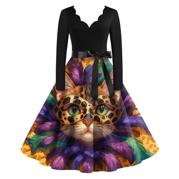 Fgvctg Womens Mardi Gras Dress Party Cocktail Glitter Mask Print Cocktail Dresses Vintage V Neck 1950s Tea Dress Long Sleeve Carnival Parade Outfits Watermelon Red 5XL