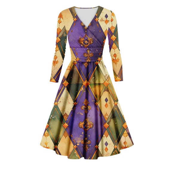 Fgvctg Womens Mardi Gras Dress Party Fit Long Sleeve Cocktail Dresses Elegant Parade 1950s Dresses Carnival Glitter Mask Print Outfit Vintage V Neck Clothing Khaki L