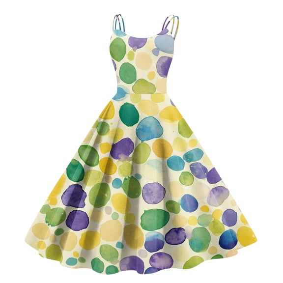 Fgvctg Womens Mardi Gras Dress Party Formal Carnival Crewneck Cocktail Dress Glitter Mask Print Funny 50's Midi Dress Vintage Sleeveless Formal Parade Clothing Yellow S