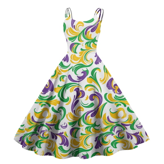 Fgvctg Womens Mardi Gras Dress Party Formal Carnival Crewneck Cocktail Dress Glitter Mask Print Trendy Dress 1950s Flowy Sleeveless Vintage Parade Clothes Yellow 2XL