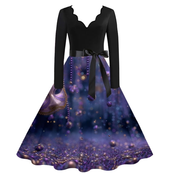 Fgvctg Womens Mardi Gras Dress Party Formal Carnival V Neck Cocktail Dress Glitter Mask Print Fit Dress 1950s Vintage Long Sleeve Oversized Parade Clothing Purple 2XL