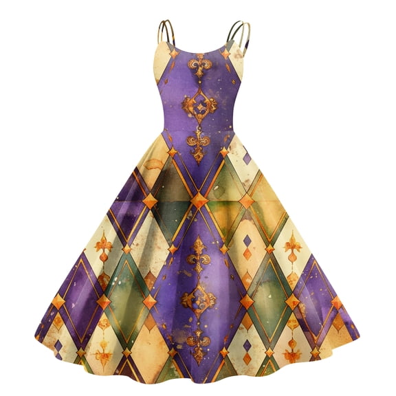 Fgvctg Womens Mardi Gras Dress Party Formal Casual Sleeveless Cocktail Dress Lightweight Retro 1950s Tea Dress Carnival Parade Glitter Mask Print Outfits Flowy Crewneck Clothes Yellow XL