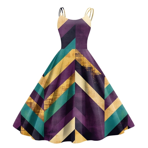 Fgvctg Womens Mardi Gras Dress Party Formal Fashion Sleeveless Cocktail Dresses Vintage Parade Dress 1950s Carnival Glitter Mask Print Outfits Flowy Crewneck Clothing Gold S