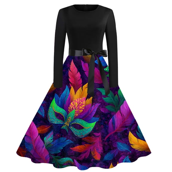 Fgvctg Womens Mardi Gras Dress Party Formal Glitter Mask Print Cocktail Dress Classy Crewneck 50's Midi Dress Long Sleeve Parade Carnival Vintage Clothing Hot Pink S
