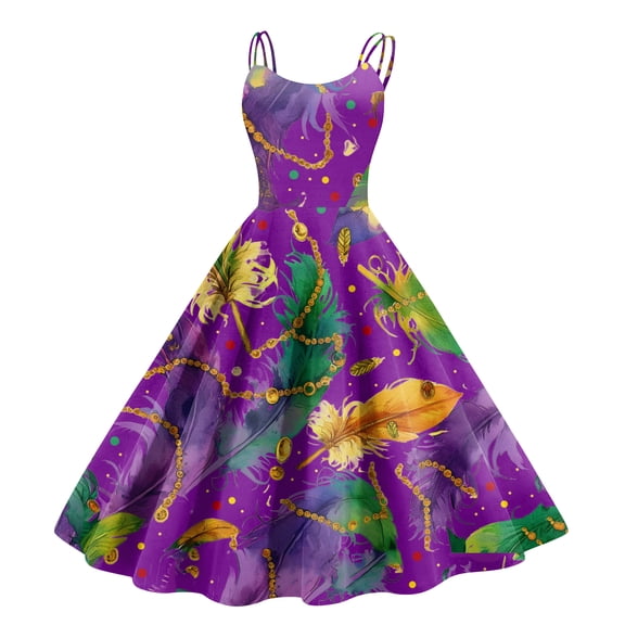 Fgvctg Womens Mardi Gras Dress Party Formal Glitter Mask Print Cocktail Dress Elegant Crewneck Dress 1950s Sleeveless Parade Carnival Vintage Clothes Turquoise S