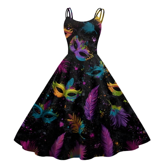 Fgvctg Womens Mardi Gras Dress Party Formal Glitter Mask Print Cocktail Dress Elegant Crewneck Dress 1950s Sleeveless Parade Carnival Vintage Clothes Black XL