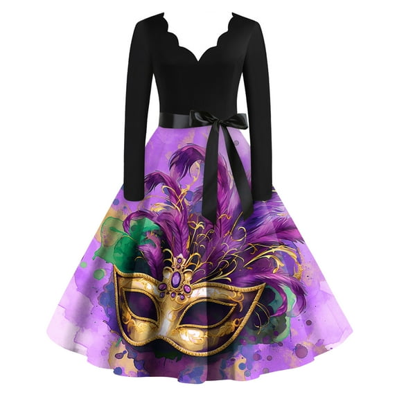 Fgvctg Womens Mardi Gras Dress Party Formal Glitter Mask Print Cocktail Dresses Classy V Neck 50's Midi Dress Long Sleeve Parade Carnival Flowy Clothes Purple 2XL