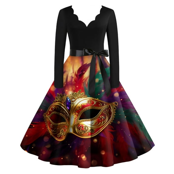 Fgvctg Womens Mardi Gras Dress Party Glitter Mask Print Cocktail Dress Formal V Neck 1950s Tea Dress Long Sleeve Parade Carnival Flowy Clothing Red S