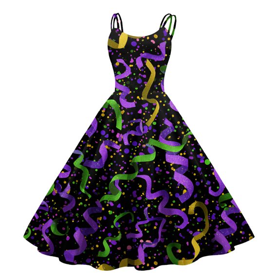 Fgvctg Womens Mardi Gras Dress Party Glitter Mask Print Cocktail Dress Plus Size Crewneck Dress 1950s Sleeveless Parade Carnival Vintage Clothing Navy L
