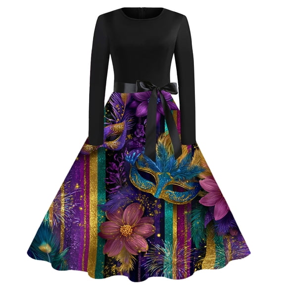 Fgvctg Womens Mardi Gras Dress Party Glitter Mask Print Cocktail Dresses Elegant Crewneck 50s Tea Dress Long Sleeve Parade Carnival Vintage Clothing Multicolor S